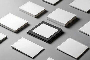 Square White Paper Stacks Arranged with Black Holder on Neutral Gray Surface