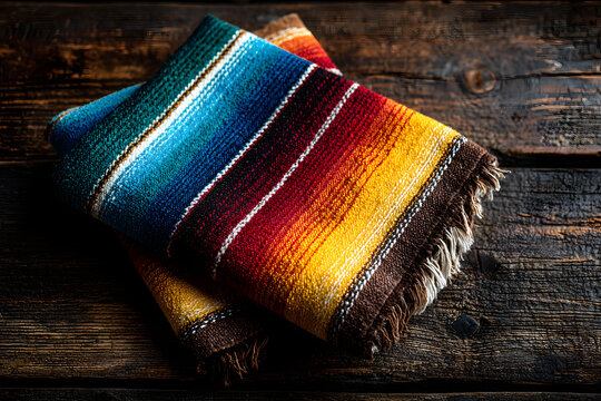 Cinco de mayo fiesta party and indigenous cultures of Mexico concept theme with a Mexican rug called a serape isolated on wood background with copy space
