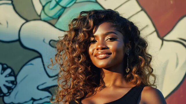 A radiant young woman with a captivating gaze poses in front of a vibrant graffiti art wall. Her curly brown hair cascades down her shoulders, accentuating her stunning features