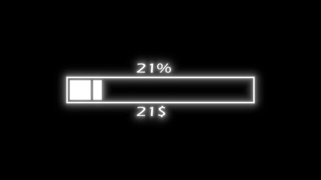 Neon White Color Progress Bar Animation Showing 1 Percent and 100 Dollar on a Black Background.