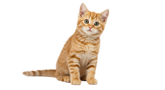 A young, cute orange tabby kitten with soft orange and cream striped fur, sitting upright, head tilted, vivid green eyes wide with curiosity, looking into camera on a clean white studio background