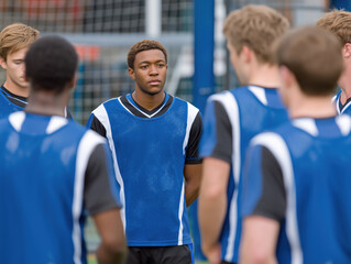 Fototapeta premium Young male soccer players in blue training vests gather on the field, focused on their coach, demonstrating teamwork and athletic preparation for an upcoming match