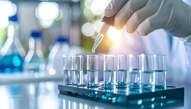 Precision in Analysis: A scientist meticulously conducts an experiment in a laboratory setting, carefully dispensing liquid from a pipette into test tubes. - Powered by Adobe