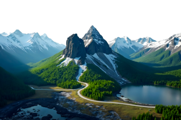 Aerial View of Majestic Mountain Landscape with Winding Road, Lush Green Forest along with Snowy Mountain, Blue Lakes, and Serene Valley under Clear Sky in Summer Isolated on Transparent Background.