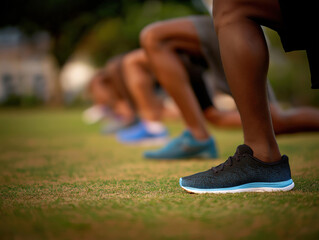 Group of athletes preparing for a sprint on a grassy field, showcasing athletic footwear and focused expressions, emphasizing teamwork and competitive spirit in outdoor training