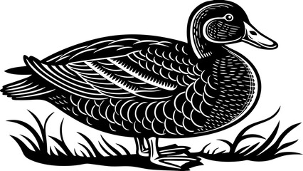 A monochrome woodcut style illustration of a duck resting in a patch of grass design element