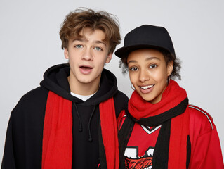 Young man and woman wearing casual winter clothing with red scarves and hats, smiling at the camera, showcasing friendship and warmth in a cozy atmosphere