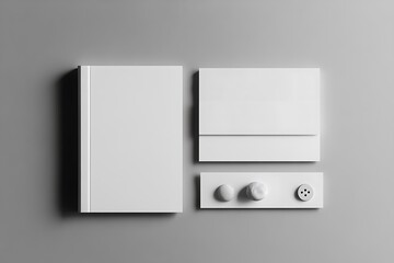 Stationary Set Book, Envelope, Stone Spheres on Gray Background, Minimalist Style