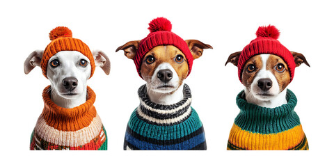 Pack Collection Three Jack Russell Terriers in Winter Hats Festive Pet Portraits set against transparent background