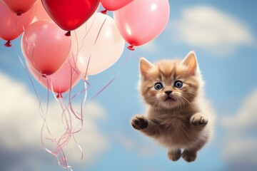 Adorable ginger kitten flying, carried by colorful balloons in a bright blue sky with some clouds