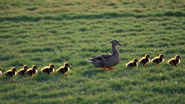 Mama duck and ducklings walking in grassy field at sunset, warm golden light enhancing feathers. Concept of mama duck and ducklings, serene animal scene, peaceful atmosphere.