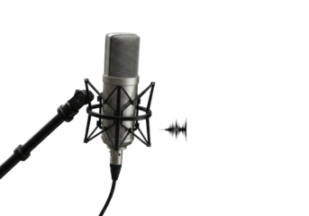 A professional studio condenser microphone with a silver grille and black body on a shock mount and stand, next to a black audio sound wave graph, isolated on a clean white background with copy