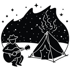 Obraz premium Artistic Silhouette of Camper Playing Guitar by Campfire Under the Stars