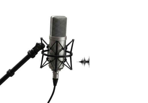 A professional studio condenser microphone with a silver grille and black body on a shock mount and stand, next to a black audio sound wave graph, isolated on a clean white background with copy