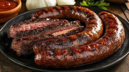 Aussie BBQ platter with sausages, steak, and onions, clean studio setup