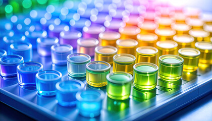 Laboratory analysis: A vibrant display of scientific innovation as colorful liquid samples line up in a lab. A visual symphony of research and experimentation