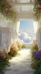 Floral Decorated Airplane Interior with Sky View