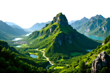 Aerial View of Majestic Mountain Landscape with Winding Road, Lush Green Forest, Blue Lakes, and Serene Valley under Clear Sky in Summer Isolated on Transparent Background.