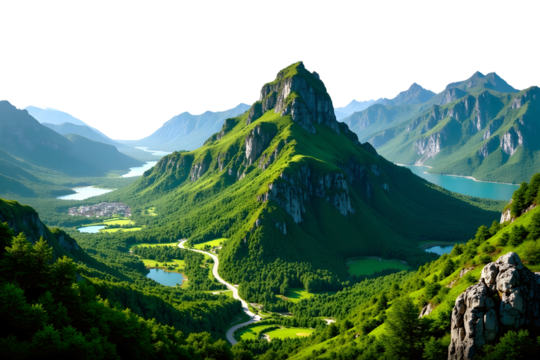 Aerial View of Majestic Mountain Landscape with Winding Road, Lush Green Forest, Blue Lakes, and Serene Valley under Clear Sky in Summer Isolated on Transparent Background.