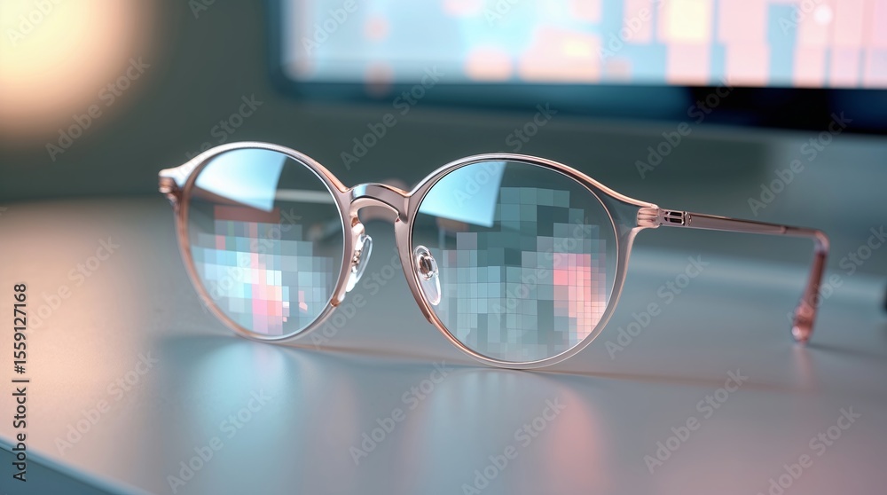 Fototapete Stylish eyeglasses resting on a desk overlooking a softly lit digital display in a modern workspace
