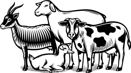 Illustration of a group of farm animals including a goat sheep duck and cow in black and white style