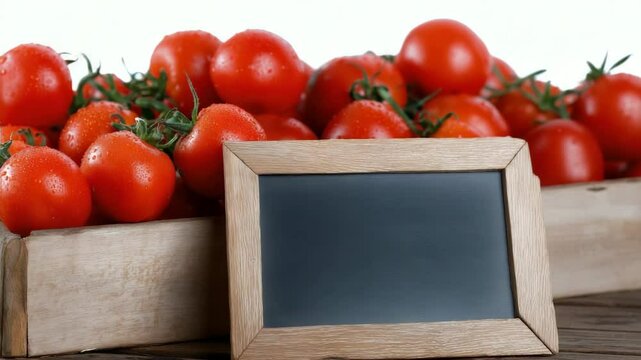 Fresh tomatoes gradually conceal chalkboard on rustic wooden surface