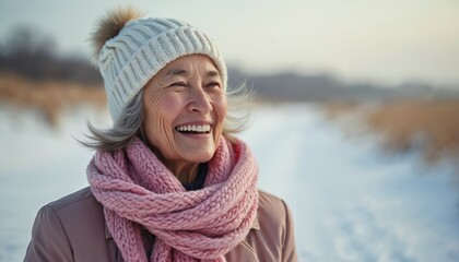 Happy senior woman in winter hat and pink scarf smiling outdoors. Elderly lady enjoys walk on snow covered pathway at sunny day. Beautiful winter landscape background.