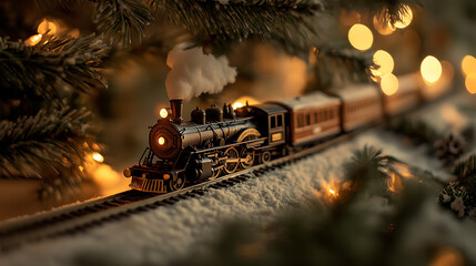 Model Steam Train on Snow-Covered Track with Christmas Lights