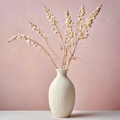 White Textured Ceramic Vase with Dried Floral Stem on Pastel Background  