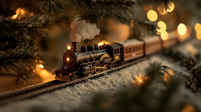 Model Steam Train on Snow-Covered Track with Christmas Lights