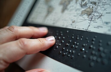Person reads Braille text device close-up. Tactile reading with fingertips on a black surface. Accessibility tech concept, world map on the background. Vision impaired assistance.