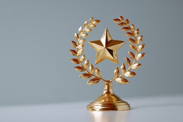 Trophy with laurel wreath and golden star standing on glossy surface
