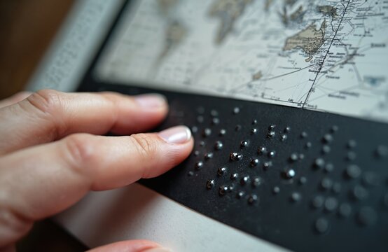Person reads Braille text device close-up. Tactile reading with fingertips on a black surface. Accessibility tech concept, world map on the background. Vision impaired assistance.