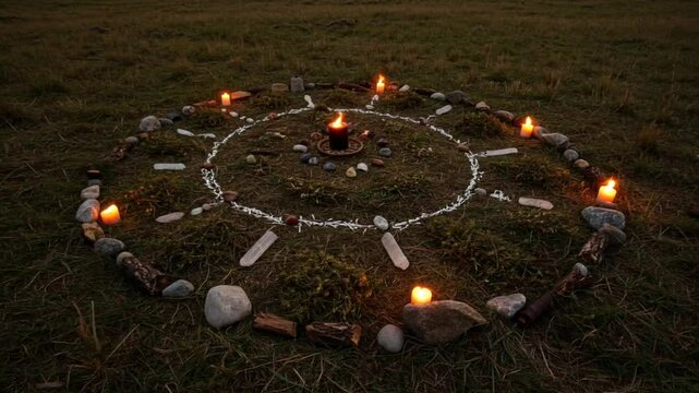 Spiritual circle ritual arrangement, mystical style, in earthy green, warm glow, and dark tones, representing meditation and ceremony.