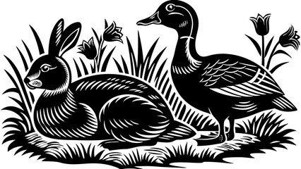 Illustration of a duck and a rabbit among grass and flowers in a black and white design style