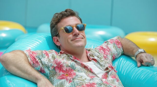 A man lounges in a vibrant pool, surrounded by colorful inflatable floats. He wears sunglasses and a floral shirt, soaking up the sun on a warm day.