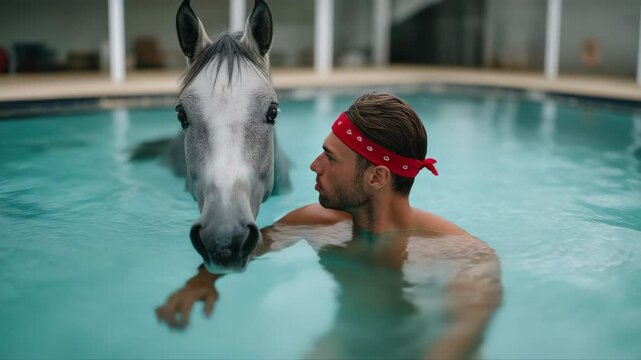 Man and horse relaxing together in a tranquil pool moment