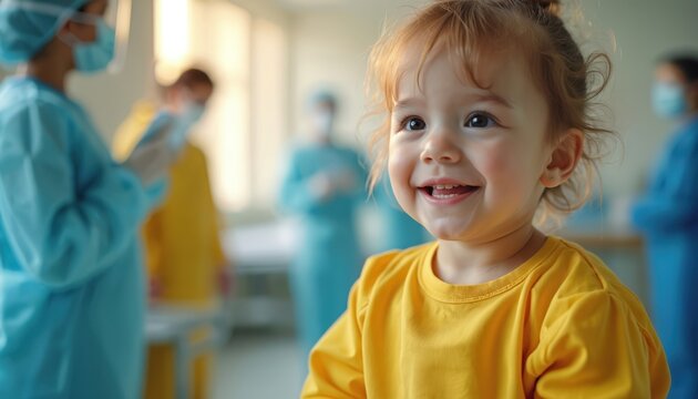 Smiling child in pediatric hospital ward, surrounded by medical professionals in protective gear. Focus on compassionate care, safety in healthcare environment, medical support, treatment, recovery. - Powered by Adobe