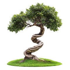 Spiraling bonsai tree on a grassy mound isolated on black background