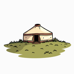 Illustration of a Traditional Yurt Tent on a Green Hillside with Simple Cartoon Style