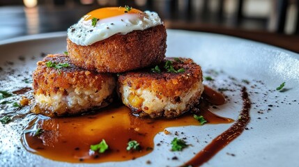 Bubble and squeak patties served with a poached egg on white plate.