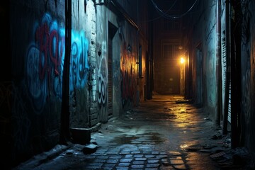 Dimly lit alleyway with graffiti covered walls and wet cobblestone street at night