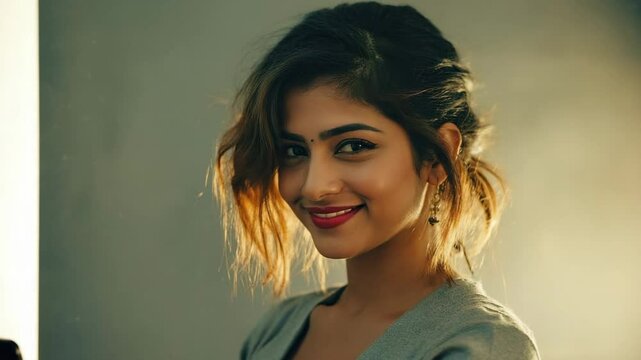 A portrait of a beautiful woman smiling gracefully in the photo studio