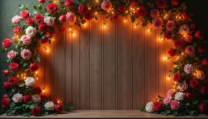 Romantic scene red white roses, fairy lights against rustic wooden wall. Festive decor for celebration, special event. Floral design for wedding, valentine, love theme background.