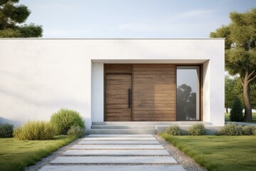 Pathway leading to elegant house entrance with wooden door and window, surrounded by green lawn and trees
