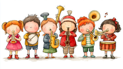 A delightful ensemble of diverse young children joyfully plays various musical instruments together in a charming watercolor style.