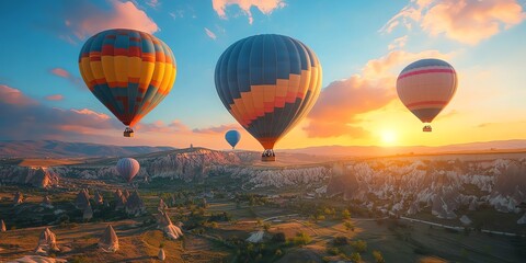 Colorful Hot Air Balloons Floating Over Scenic Landscape During Sunset