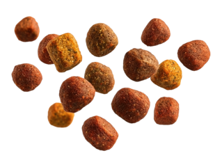 Flying falling dry dog food kibbles isolated on transparent or white background, png
