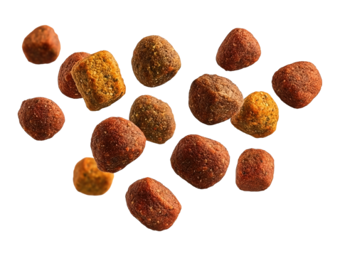 Flying falling dry dog food kibbles isolated on transparent or white background, png