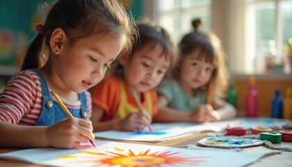 Young kids draw art in classroom. American kindergarten children use colored pencils, paints. Creative education, kids explore art. Learning, creativity, drawing skills. Friendship, imagination,